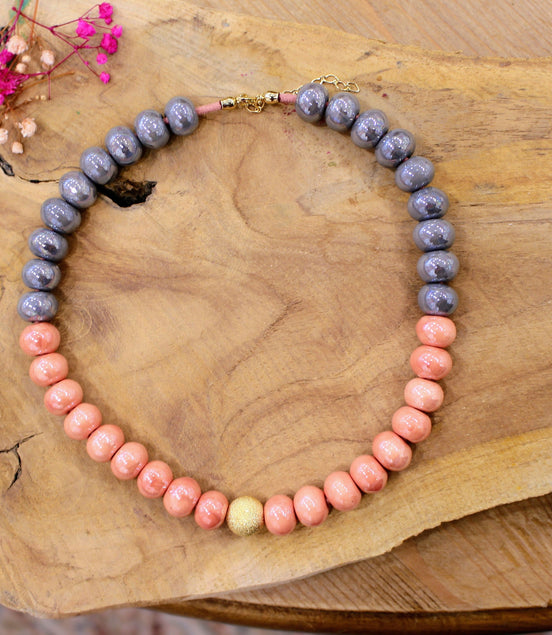 collier GAÏA SUCREE corail et gris