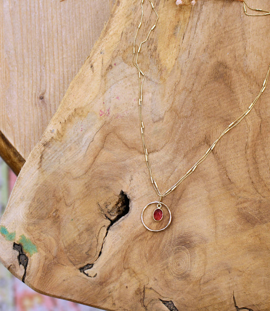 Collier TRÉSOR doré quartz teinté framboise