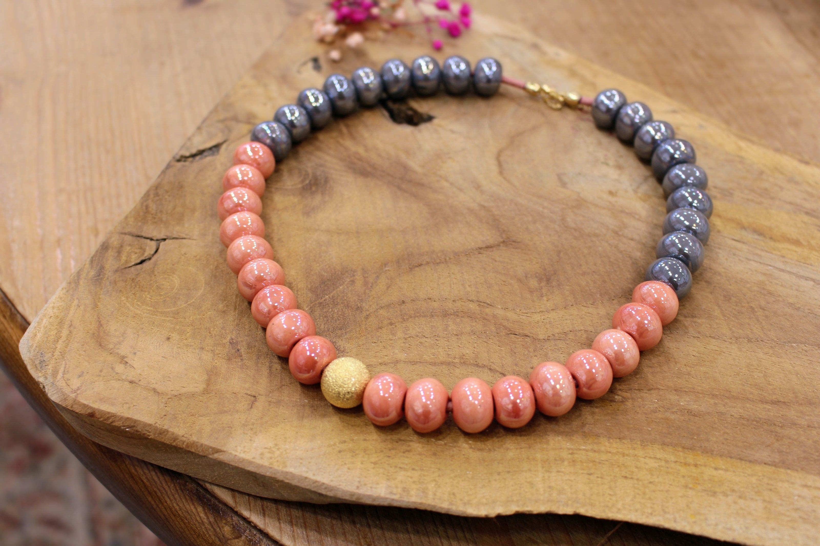 collier GAÏA SUCREE corail et gris