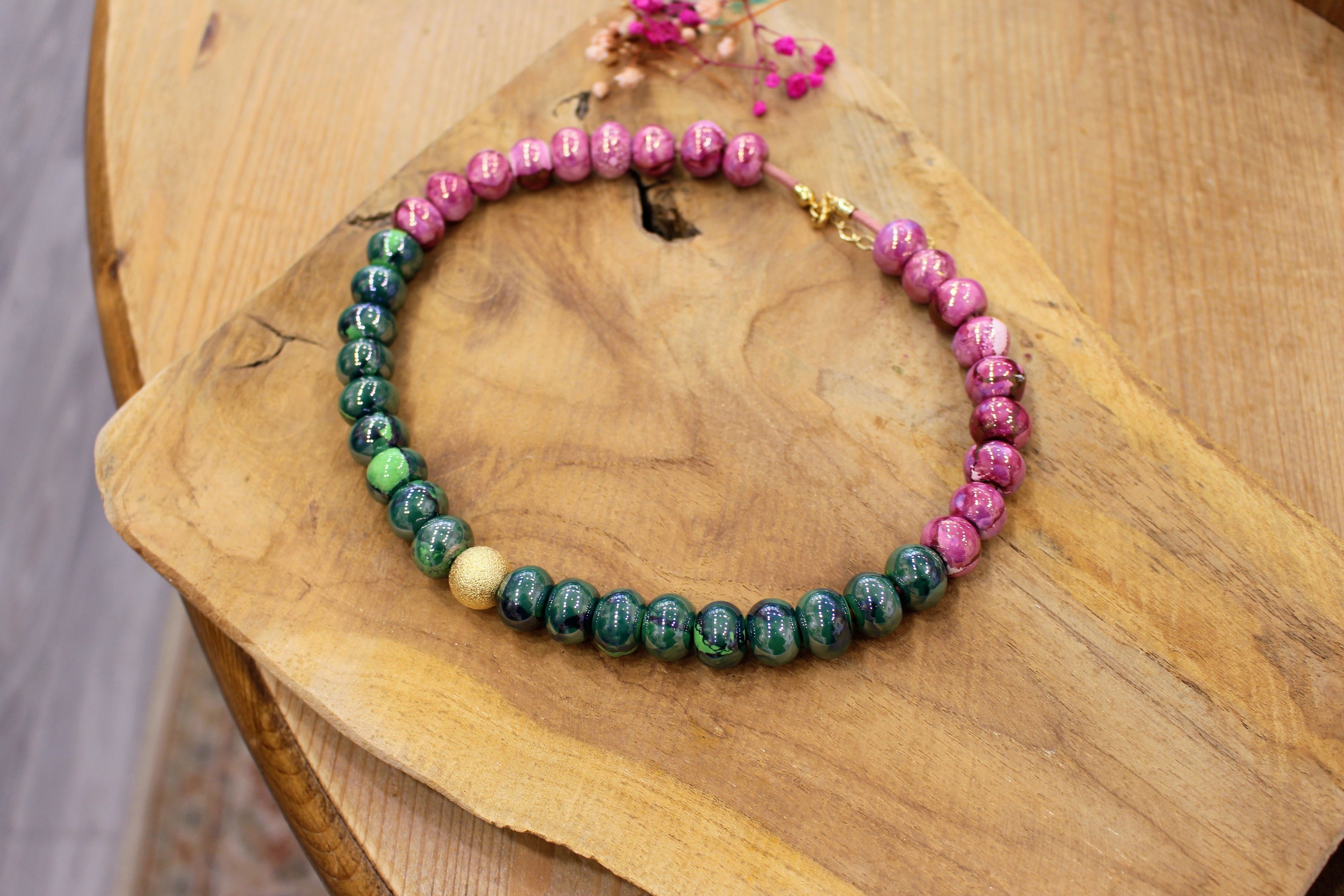 collier GAÏA SUCREE vert et rose