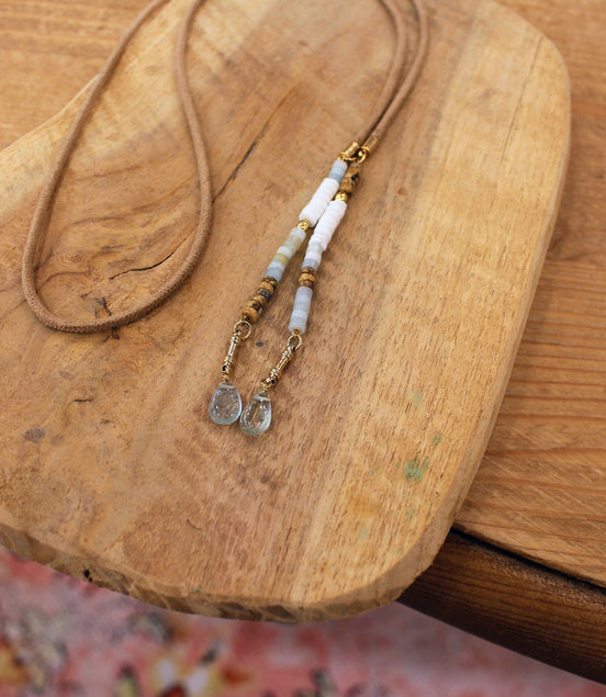 collier long sautoir PLAKA nacre - jaspe - amazonite -aigue marine
