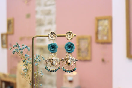 Boucles d'oreilles QUEEN BEE bleu canard et chrysocolle