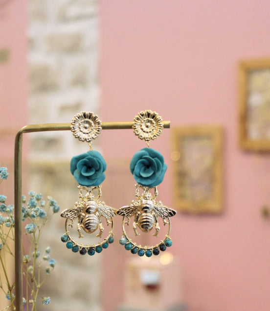 Boucles d'oreilles QUEEN BEE bleu canard et chrysocolle
