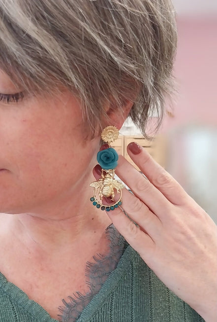 Boucles d'oreilles QUEEN BEE bleu canard et chrysocolle