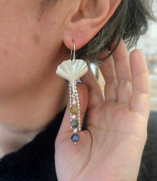 grandes et longues boucles d'oreilles argenté feuille de ginkgo biloba