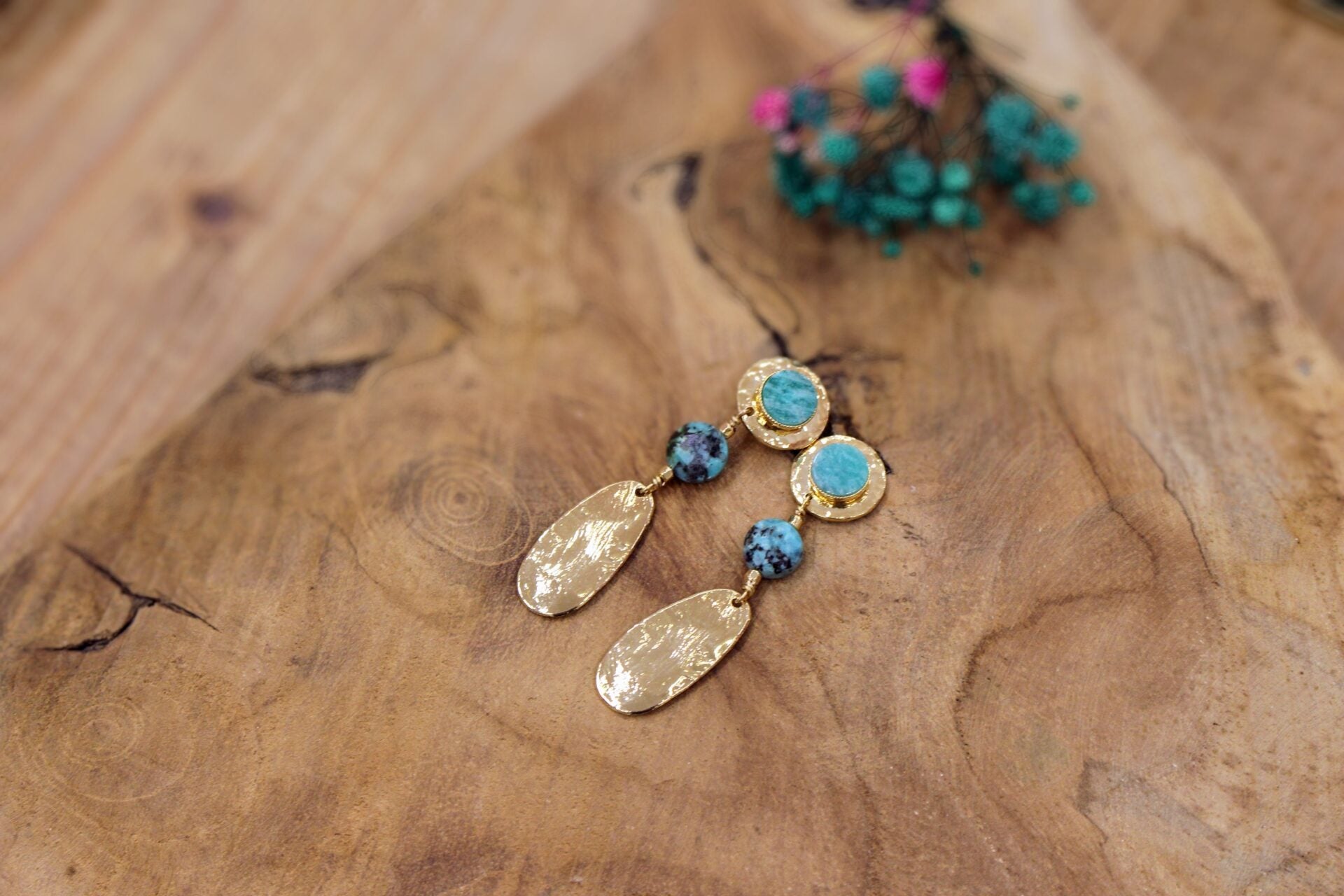 Boucles d'oreilles PIROGUE solaire doré - amazonite et jaspe africain