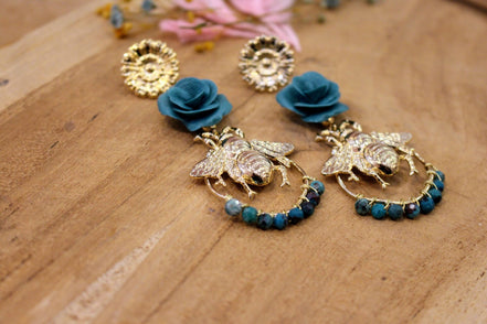 Boucles d'oreilles QUEEN BEE bleu canard et chrysocolle