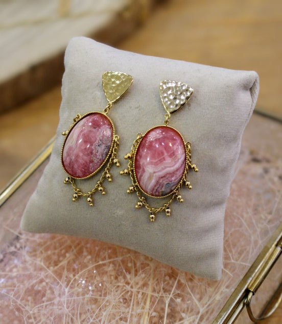idée cadeau bijou femme grandes boucles d'oreilles doré et pierre naturelle rose