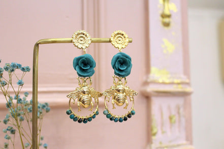 Boucles d'oreilles QUEEN BEE bleu canard et chrysocolle
