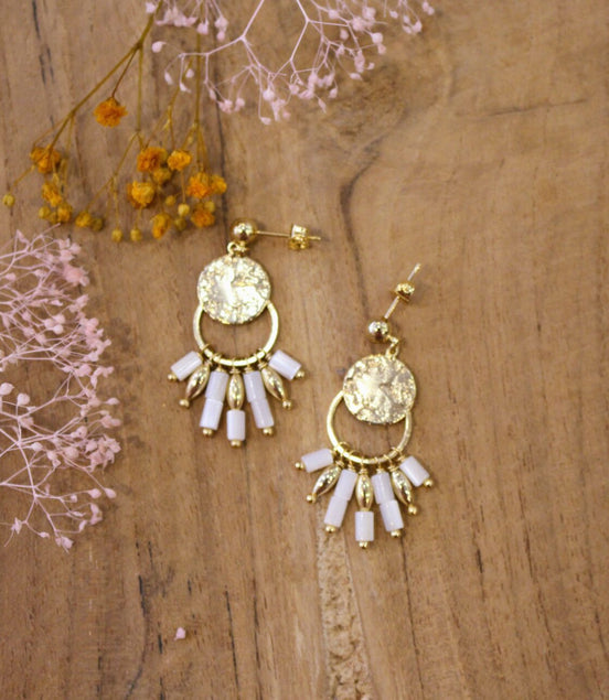 bijou femme boucles d'oreilles pedantes dorées et nacre