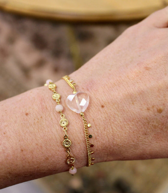 idée cadeau bracelet femme doré et cœur quartz rose