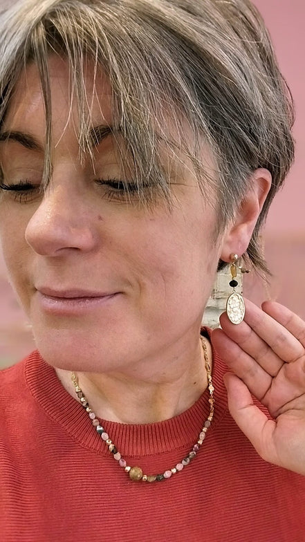 idée cadeau femme bijou boucles d'oreilles pendantes dorées tourmalines