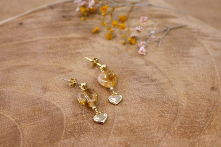 idée cadeau femme bijou doré boucles d'oreilles cœur citrine
