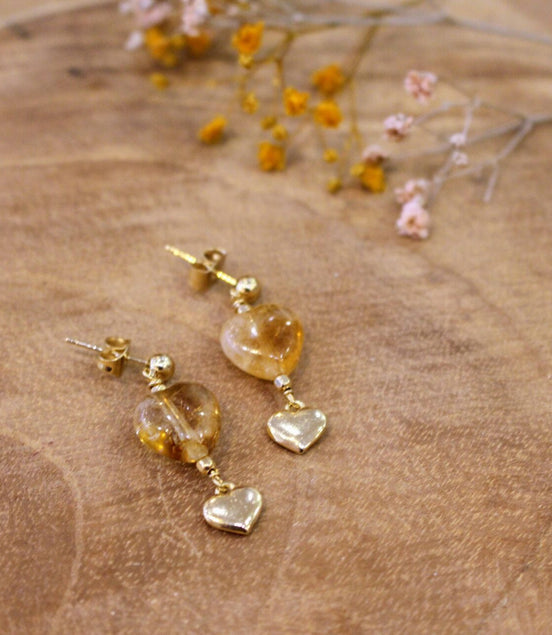 idée cadeau femme bijou doré boucles d'oreilles cœur citrine