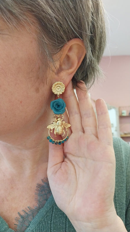 Boucles d'oreilles QUEEN BEE bleu canard et chrysocolle