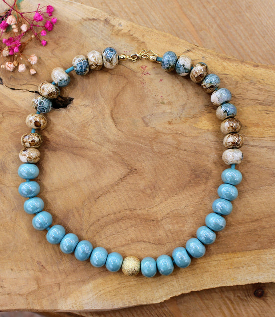 Collier GAÏA SUCREE bleu clair et beige moucheté