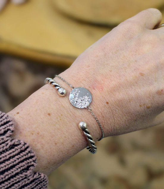 Idée cadeau bijou femme jonc argent femme torsade bracelet argenté pleine lune