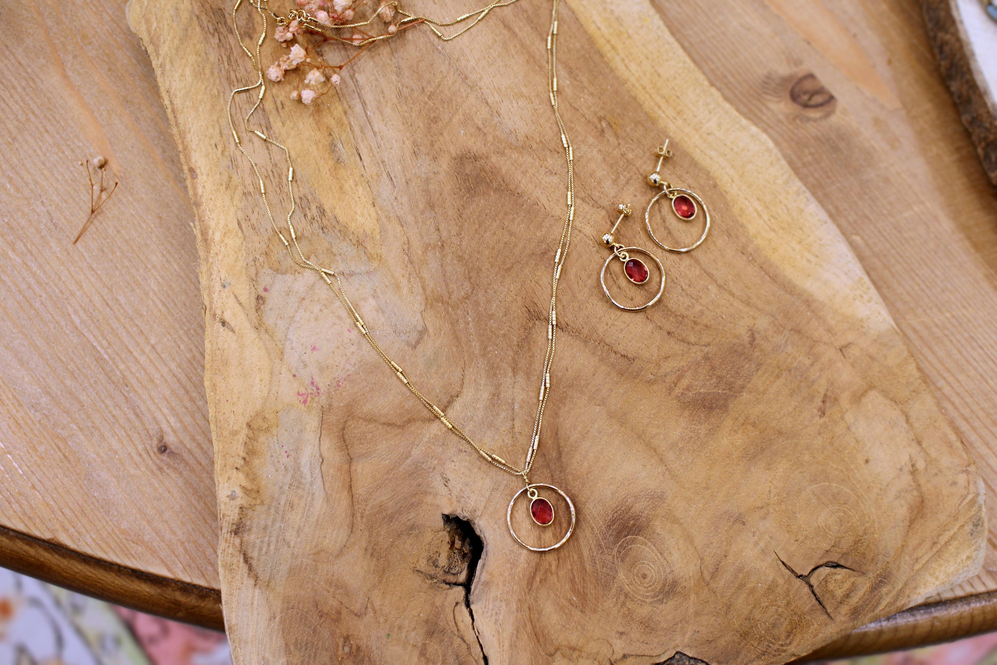 Collier TRÉSOR doré quartz teinté framboise