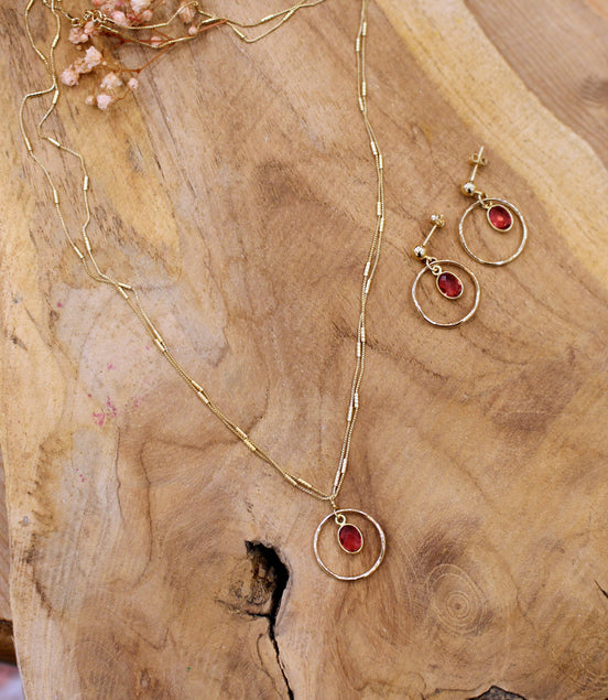 Collier TRÉSOR doré quartz teinté framboise